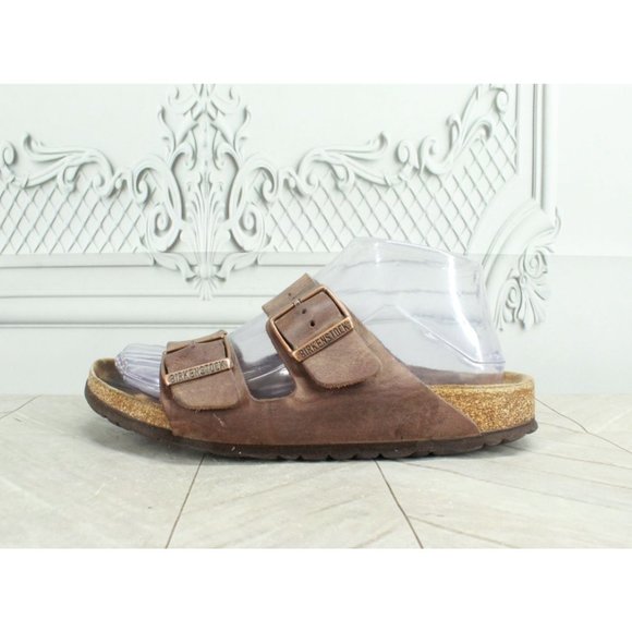 Birkenstock Shoes - Birkenstock Arizona Two Strap Brown Leather Slide Sandals Size M 5 L 7